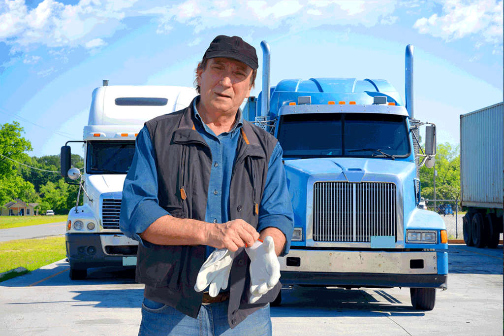 "Truck driver standing in front of two semi-trucks, one blue and one white, wearing a black cap, blue shirt, and black vest, and putting on white gloves.